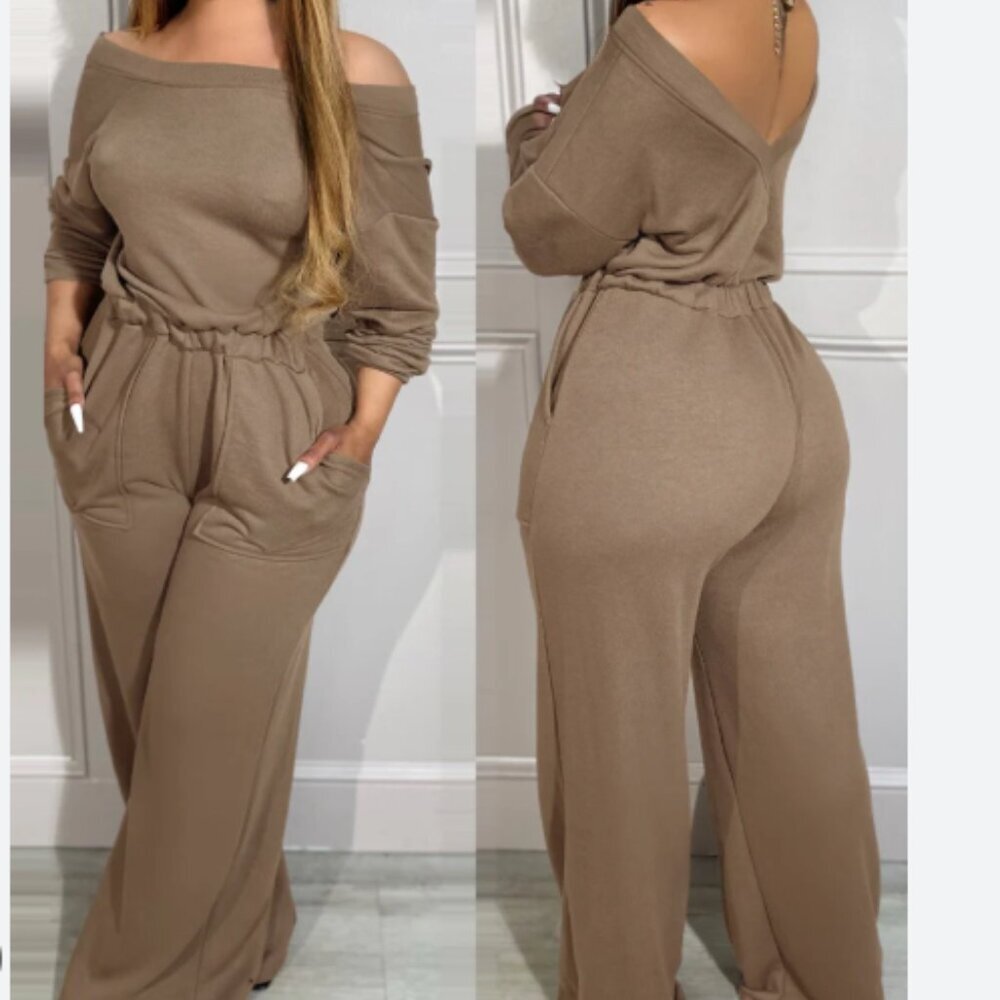 Off-Shoulder Taupe Wide-Leg Jumpsuit